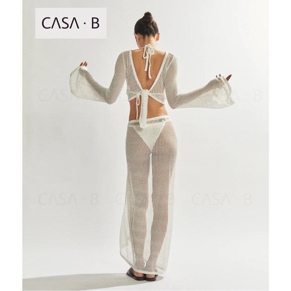 SOON to CASA B| Sinclair Netted Crochet Wrap Top & Maxi Sarong Set Ivory - Picture 15 of 16
